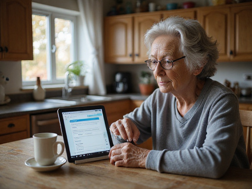Senior woman filling out online form on tablet