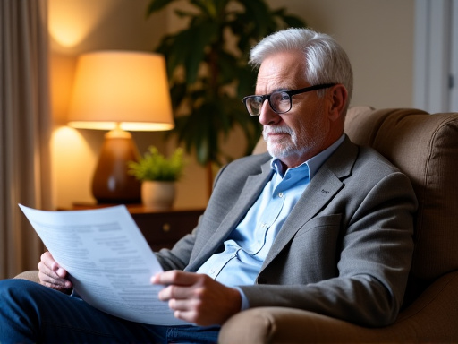 Senior man reading legal documents at home
